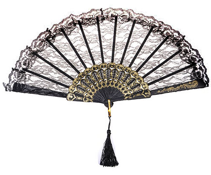 Eventail Dentelle Noir et Doré Pompon