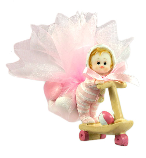 Sujet Bapteme Bébé Fille sur Trottinette Rose