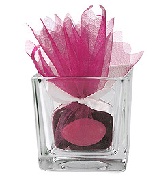 Cube verre dragées pochon fuchsia