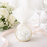 Anneau Doré à Dragées Contenant Organza et Ruban Blanc