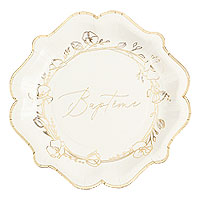 Assiettes Baptême Crème et Doré Couronne Fleurs Doré x8