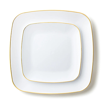 12 Assiettes Carrées Réutilisables Blanc Bordure Dorée