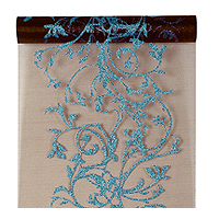 Chemin Table Organza 5 m Chocolat Volutes Turquoise Pailletées