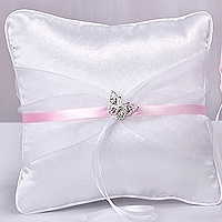 Coussin Alliances Blanc Satin Rose Papillon Strass