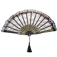 Eventail Dentelle Noir et Doré Pompon