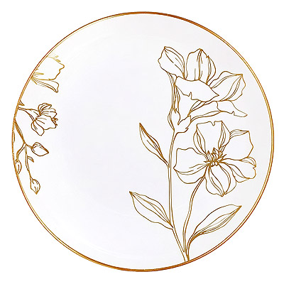 Grandes Assiettes Rondes Lavables Blanc Fleur Dorée x10
