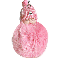 Porte-Cléf Pompon Bébé Fourrure Rose Cadeau Baptême