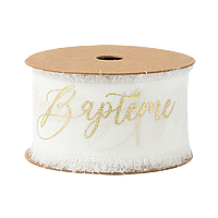 Bobine Ruban Bapteme Blanc Doré Mousseline Soie