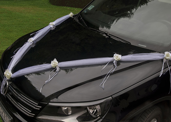 Blanche Guirlande Decoration Voiture Mariage, Fleur pour Voiture Mariage  Gaze Rose avec Ventouses, Tulle, Attaches Câble et Adhésif, Kit Voiture  Mariage Decoration pour Mariage Engagement 