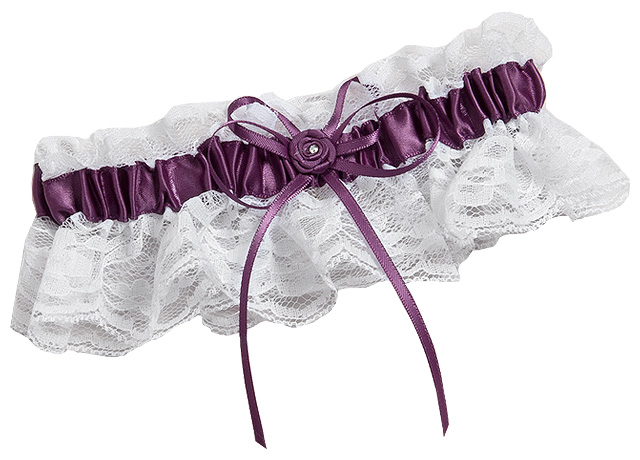 Jarretière Femme Satin Violet - Dentelle, Nœuds Cœurs - Pour Mariage, Occasion Spéciale - Taille Unique Extensible - Longueur 17 Cm
