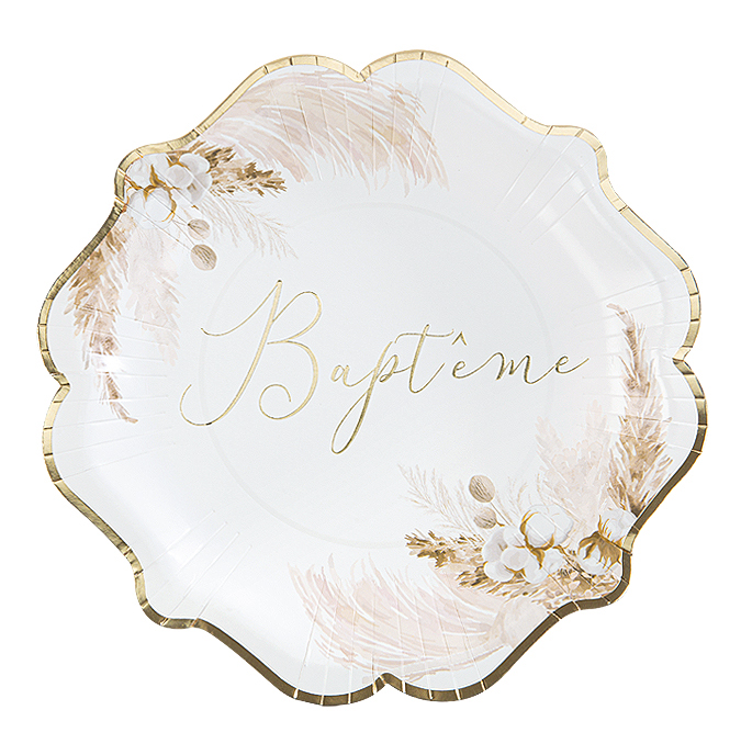 Assiettes Baptême Pampa Fleurs de Coton Bord Doré x8