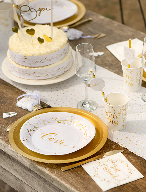 10 Assiettes jetables rondes mariage blanc et or métallisé pas chères