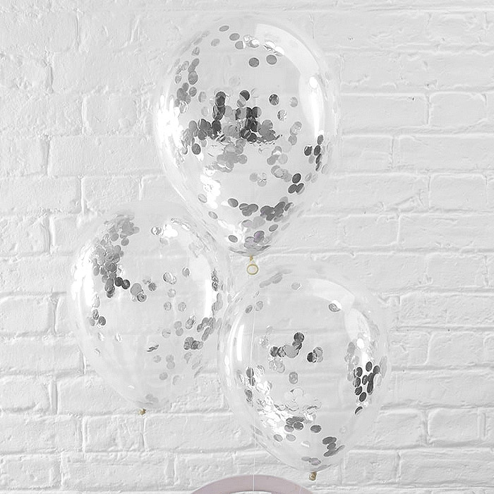 Ballons Transparents 35cm avec Confettis Argent x5