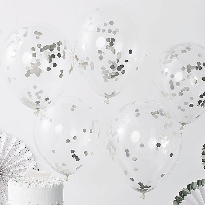 Ballons Transparents Cristal avec Confettis Gris Argent