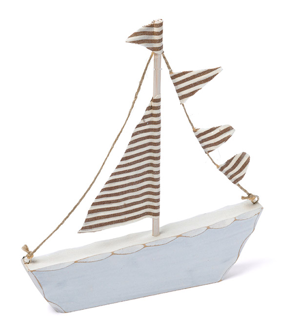 Bateau Déco en Bois Rayé Blanc et Taupe Décoration Thème Mer