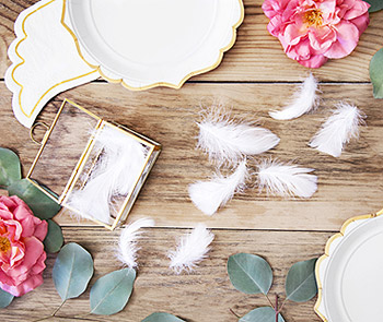 Boite en verre dorée avec plumes blanches