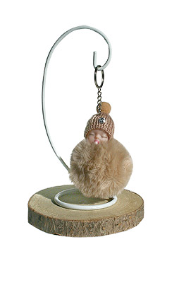 Porte Clef Bébé Beige Taupe avec Rondin de Bois et Support