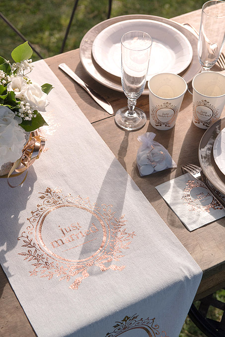 Chemin de Table Coton Lin Just Married Rose Gold