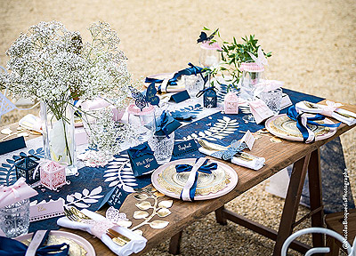 Décoration Table Mariage Chic Champêtre Bleu et Rose