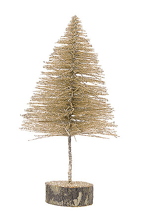 Grand Sapin de Noel 30 cm Pailleté Champagne Doré sur son Socle en Bois