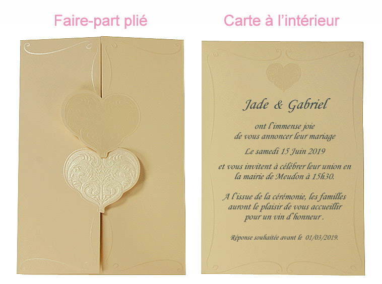 Faire-Part de mariage plié + enveloppe (par 5)