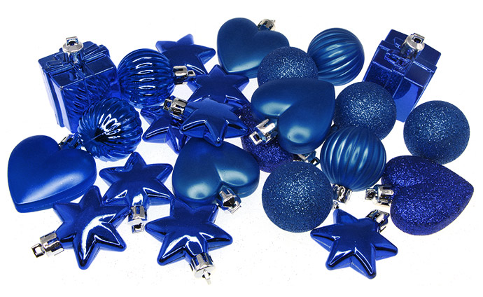 Boules Coeurs Cadeaux et Etoiles pour Sapin Bleu Nuit