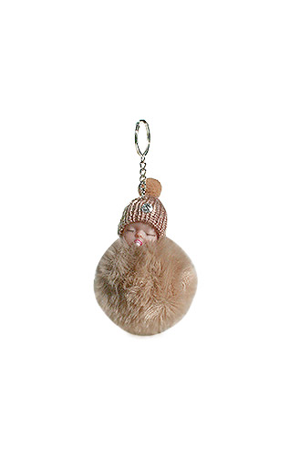 Porte Clef Bébé Fourrure Pompon Marron Beige Naturel