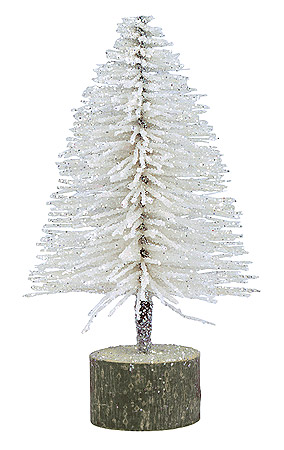 Sapin de Noel 15 cm Pailleté Blanc sur son Socle Bois