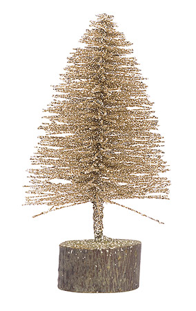 Sapin de Noel 15 cm Pailleté Champagne Doré sur son Socle Bois