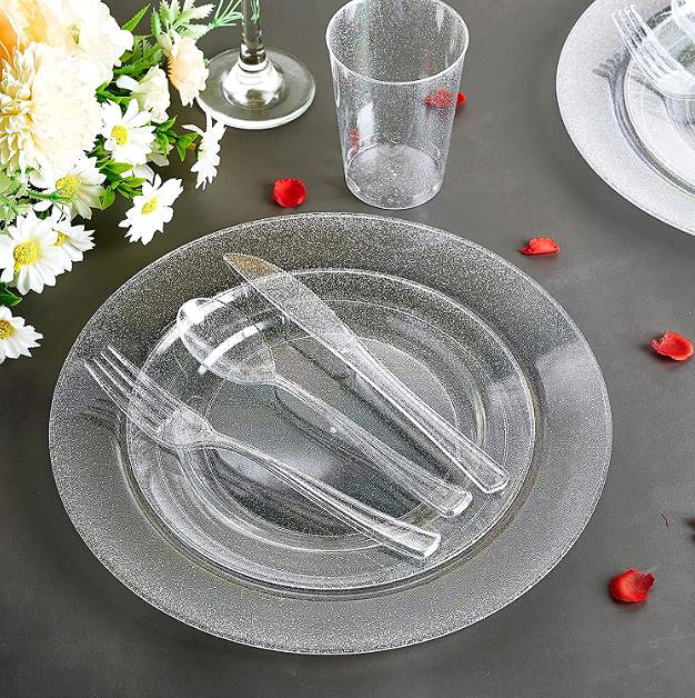 Assiette Table Transparente Pailletée Argentée Fetes Elegante